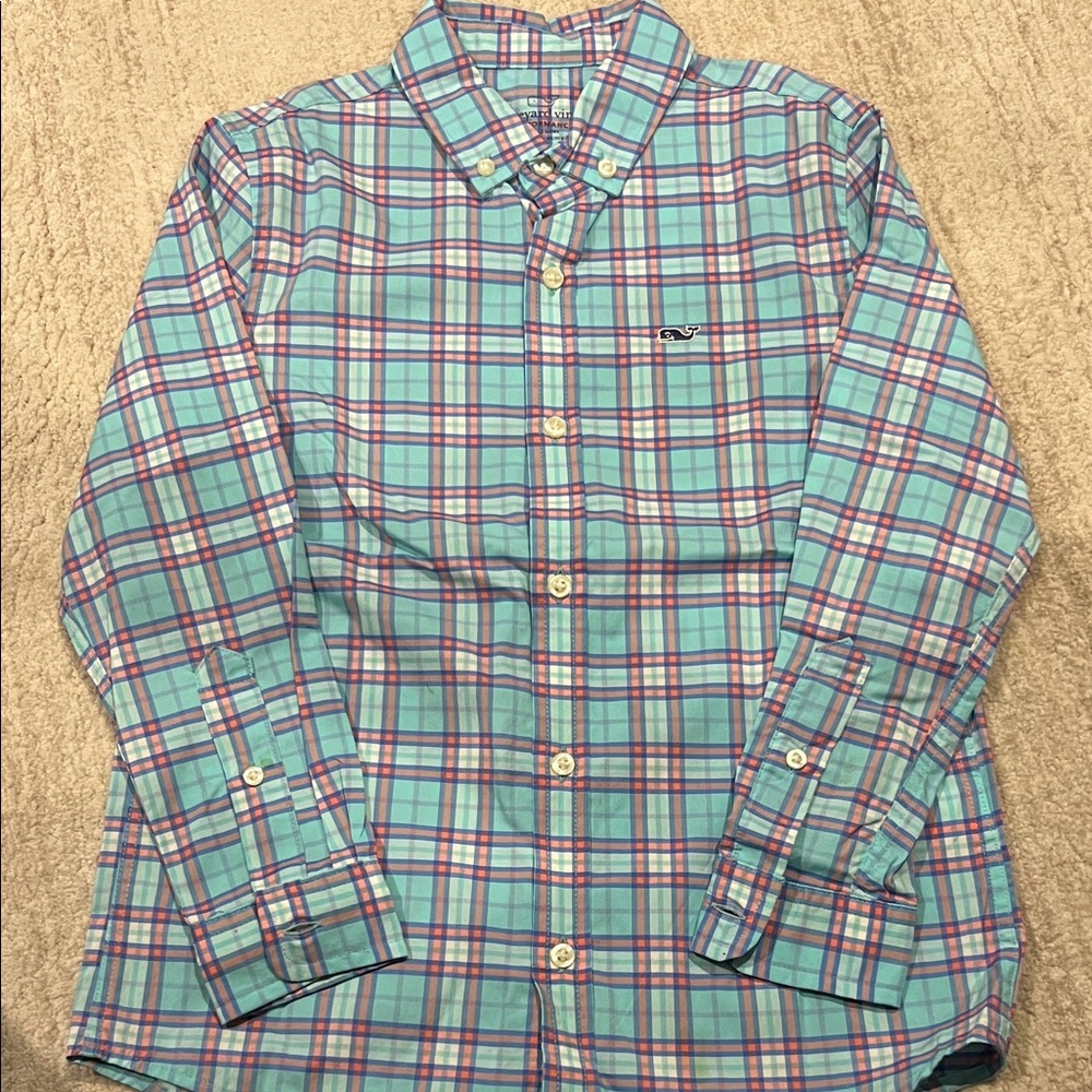 Vineyard Vines Boy’s Turquoise and Pink Plaid Shirt